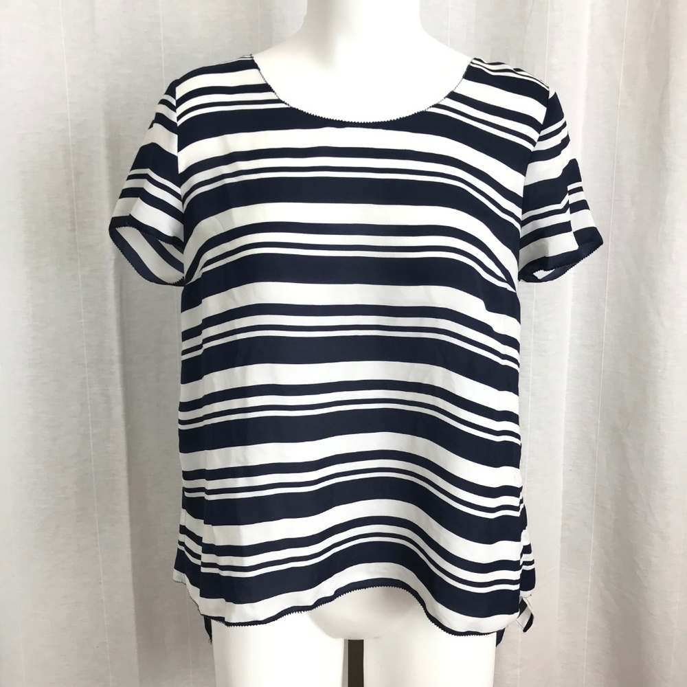 Maeve Hi Lo Shark Bite Striped Top Sheer Ruffle